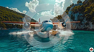 A small plane is taking off from the water