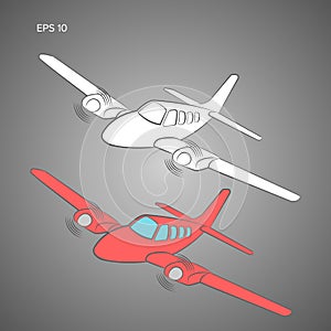 Small plane vector illustration. Twin engine propelled aircraft. Vector illustration. Hand drawn sketch style