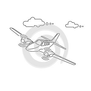 Small plane vector illustration. Twin engine propelled aircraft. Vector illustration. Line art