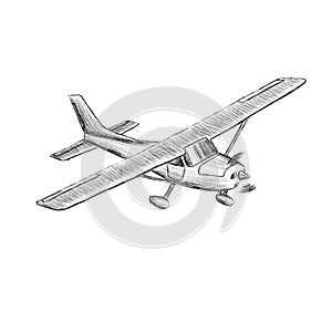 Small plane vector sketch. Hand drawn single engine propelled aircraft. Air tours wehicle.