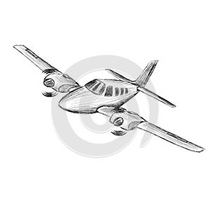 Small plane vector sketch. Hand drawn twin engine propelled aircraft. Air tours wehicle silhouette.