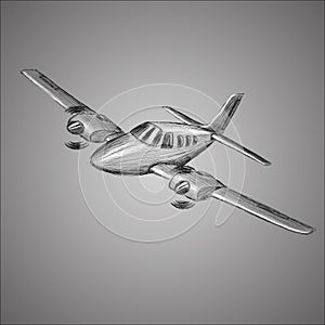 Small plane vector sketch. Hand drawn twin engine propelled aircraft. Air tours wehicle silhouette.