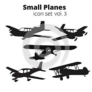 Small planes vector illustration set. Single engine propelled passenger aircraft.