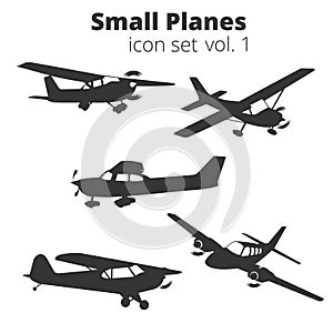 Small planes vector illustration set. Single engine propelled passenger aircraft.