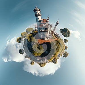 Small planet of house with tower - drone view