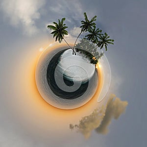 Small planet, ocean, tropical island, palm trees