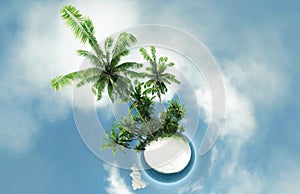 Small planet, ocean, tropical island, palm trees 3D illustration