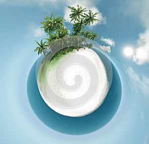Small planet, ocean, tropical island, palm trees 3D illustration