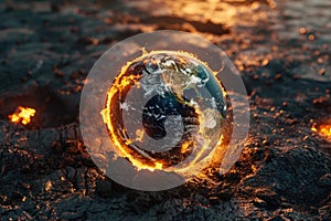 A small planet is surrounded by fire and lava, Global warming concept