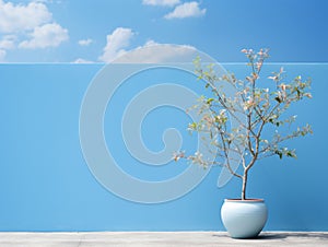 a small plant in a blue vase against a blue wall