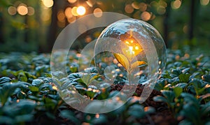 Small plant in glass ball and forest with sunlight shining through