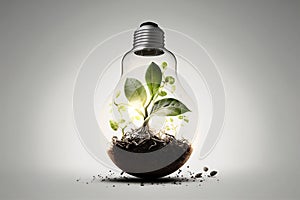 Small plant growing inside a light bulb in white background with backlite. Generative AI