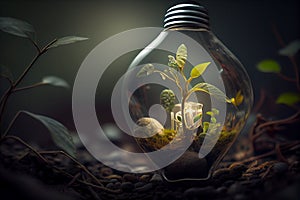 Small plant growing inside a lightbulb. Light Bulb with sprout inside.gemerative ai