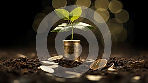 A small plant is growing out of a pile of money isolated on black background. Plant on Stacked Coins