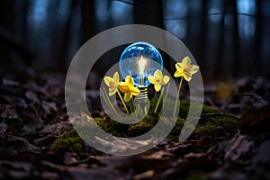 Small plant inside light bulb. Eco-friendly lightbulb in the forest. Energy saving, ecology, green energy