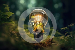 Small plant inside light bulb. Eco-friendly lightbulb in the forest. Energy saving, ecology, green energy