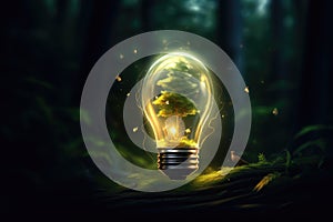 Small plant inside light bulb. Eco-friendly lightbulb in the forest. Energy saving, ecology, green energy