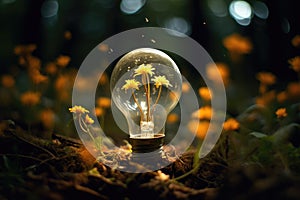 Small plant inside light bulb. Eco-friendly lightbulb in the forest. Energy saving, ecology, green energy