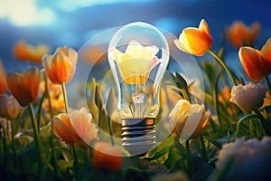 Small plant inside light bulb. Eco-friendly lightbulb in the forest. Energy saving, ecology, green energy