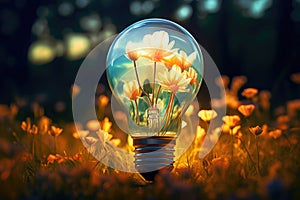 Small plant inside light bulb. Eco-friendly lightbulb in the forest. Energy saving, ecology, green energy