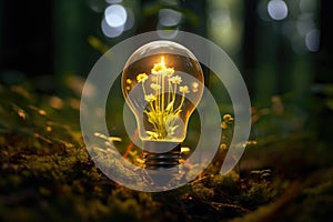 Small plant inside light bulb. Eco-friendly lightbulb in the forest. Energy saving, ecology, green energy