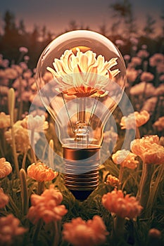 Small plant inside light bulb. Eco-friendly lightbulb in the forest. Energy saving, ecology, green energy