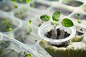 Small plant seedling in research lab held by hand in gloves. Concept for biotechnology and genetic modification