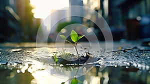 A small plant is seen sprouting from the asphalt on a city street, symbolizing natures resilience in an urban environment