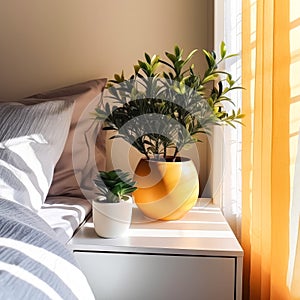 A small plant sits on a white table next to a bed