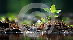 a small plant sprouting from the ground in the middle of a pond