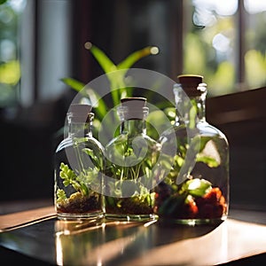 small plant terrarium in jars with rocks and mossen inside