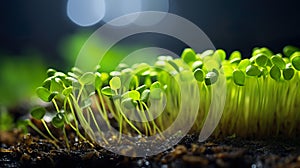 Small plants growth from the ground with sunlight. Generative AI