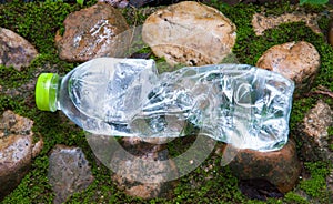 Small plastic bottle mineral water in forest