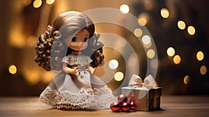 small plastic doll with Christmas gift and decorated Christmas tree generated by AI tool