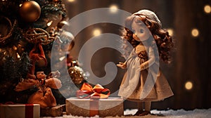 small plastic doll with Christmas gift and decorated Christmas tree generated by AI tool