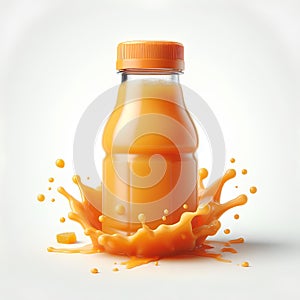 Small plastic orange juice bottle with oragne juice splash isolated on white background