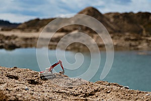 Small plastic toy excavator with bucket working on sand extraction at quarry. Pond in background. Children`s toy model of tractor
