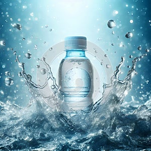 Small plastic water bottle with blue water splash background