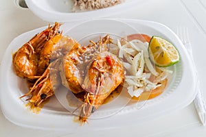 Small plate of prawns at Mercado de Mariscos Seafood Market in Panama Ci