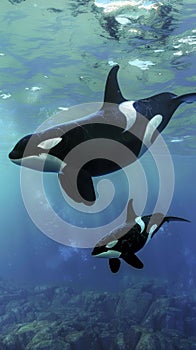 A small pod of orca whales, including two adults and a calf, swimming together in the serene, turquoise waters