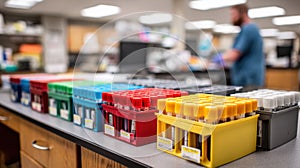 Small pointofcare lab workspace featuring organized specimen racks filled with colorcoded blood samples technician