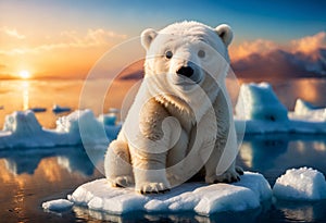 Small polar bear sits on an ice floe in the ocean. Generative AI