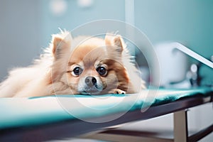 Small Pomeranian dog lying down on examination table at vet clinic. Generative AI