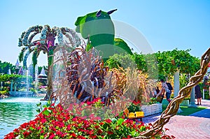 The small pond with fountain, Miracle Garden, Dubai, UAE