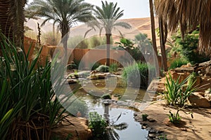 A small pond is surrounded by lush palm trees in a barren desert landscape, A dream-like oasis in a hot desert terrain, AI