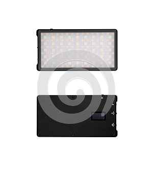A small portable LED panel on the battery. Lighting device for photo and video filming. Isolate on a white back