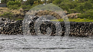 Small portion of the Kaloko Fishpond kuapa or seawall made of interlocking lava rocks on the Big Island, Hawaii.