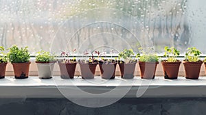 A of small pots lined up on a windowsill each containing a different type of fastgrowing microgreens