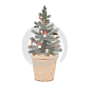 Small potted Christmas tree decorated with small fly agaric and brown mushrooms, and candies. Vector illustration with