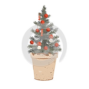 Small potted Christmas tree decorated with small fly agaric mushrooms, candies, and balls. Vector illustration isolated